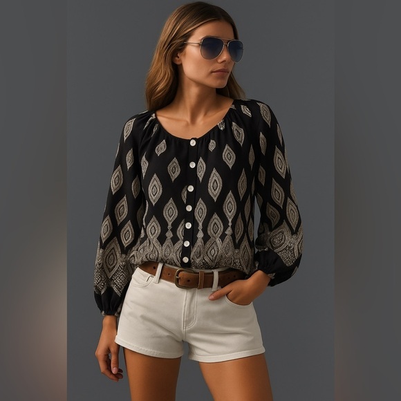 Anthro Fig & Flower button front tunic peasant blouse black paisley Size M - Picture 9 of 9